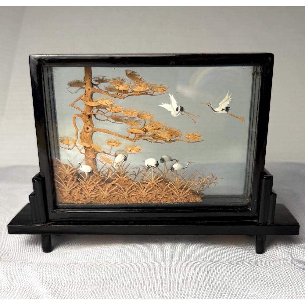 VTG Chinese Fuzhou Ruanmu Hua Cork Carving Crane Small Diorama Glass Display